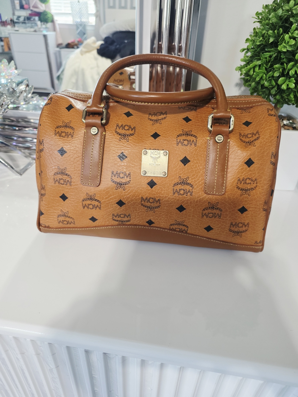 Authentic MCM Cognac Visetos Boston Tote Bag